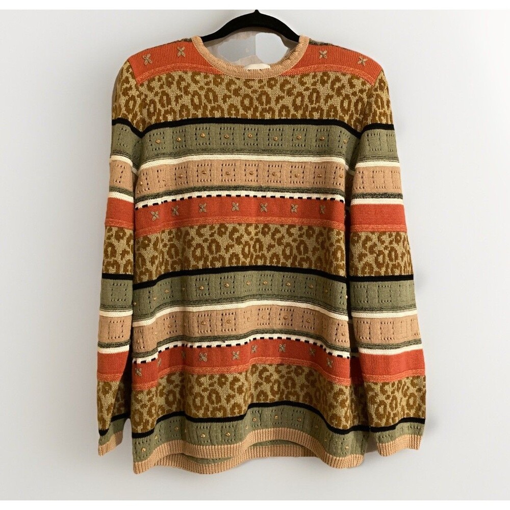 Women’s L Long Sleeve Knit Striped Sweater Beaded Animal Print Fair Isle